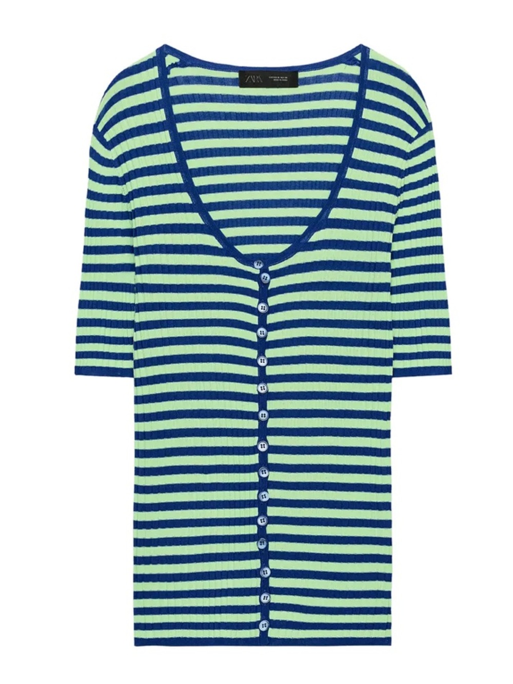 Zara Blue & Green Striped Button-Down Top